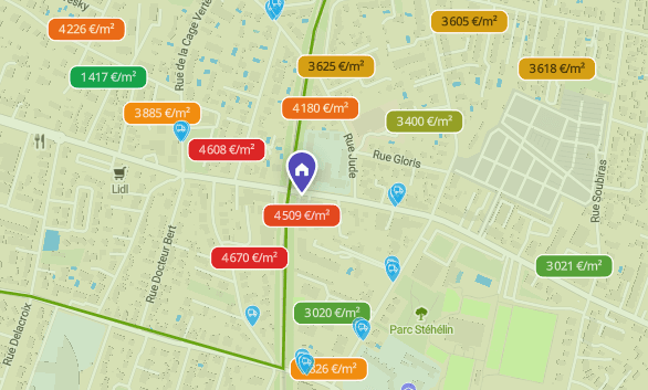 Carte du quartier avec les prix au m² des ventes récentes autour du bien